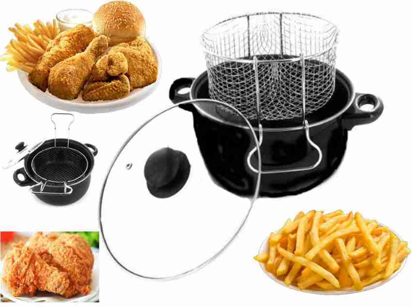 24cm Deep Fat Fryer Non Stick Chip Pan Casserole Pot Fry Frying Basket  Glass Lid