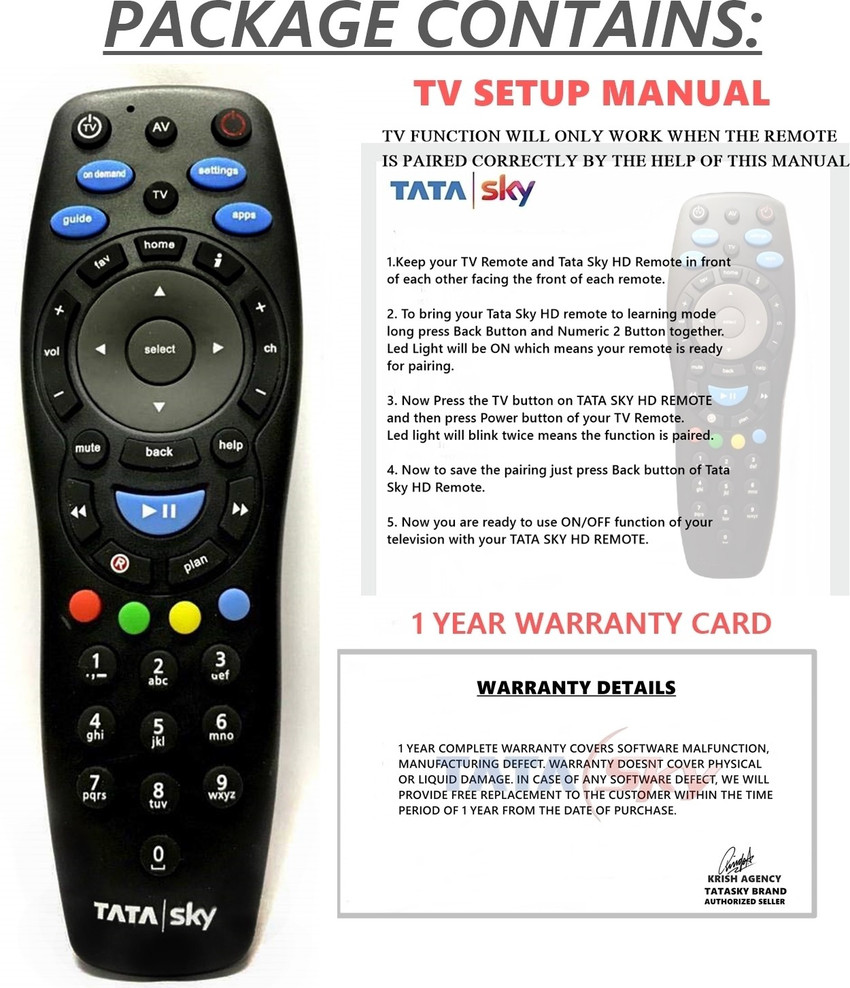 Tata Sky NEW LAUNCH Genuine 4K HD With User Manual Warranty Card TATA SKY HD PLUS TATA SKY HD Remote Controller Tata Sky Flipkart