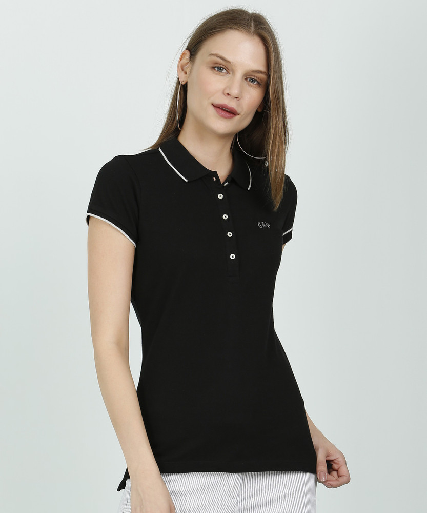GAP Solid Women Polo Neck Black T Shirt