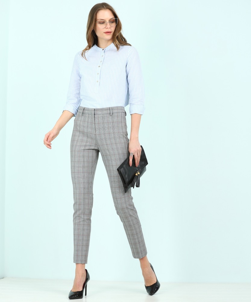 Tall Pale Grey Check High Waist Slim Stretch Trousers  New Look