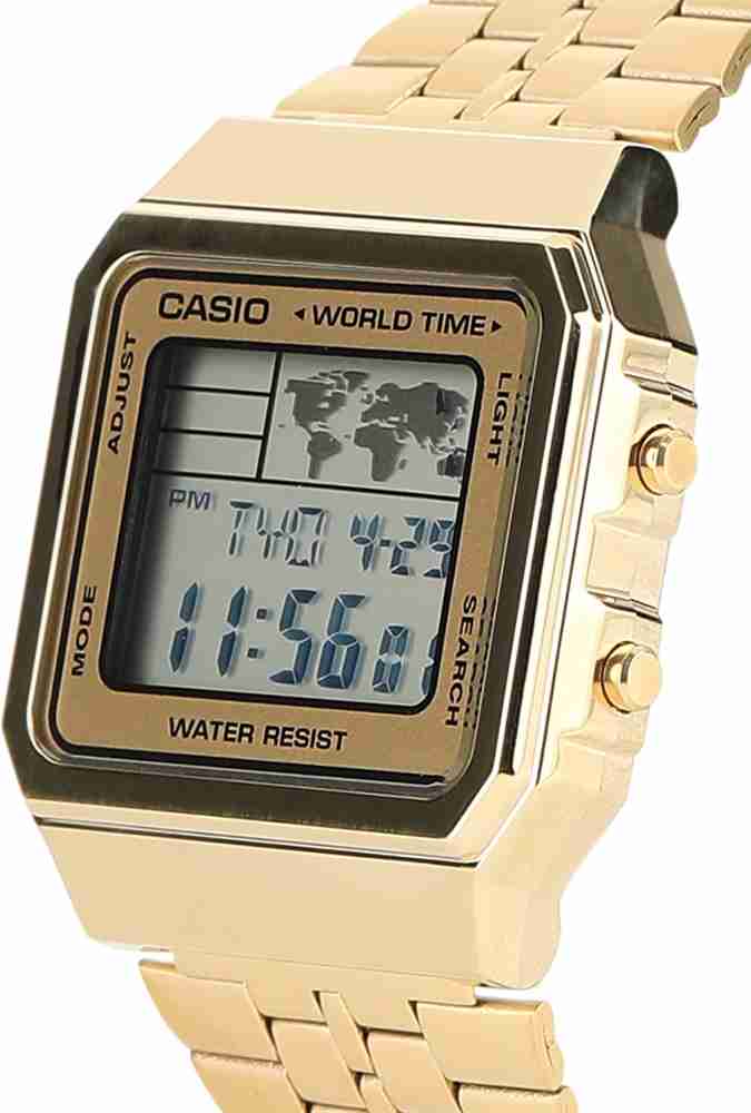 Casio gold watch store with world map