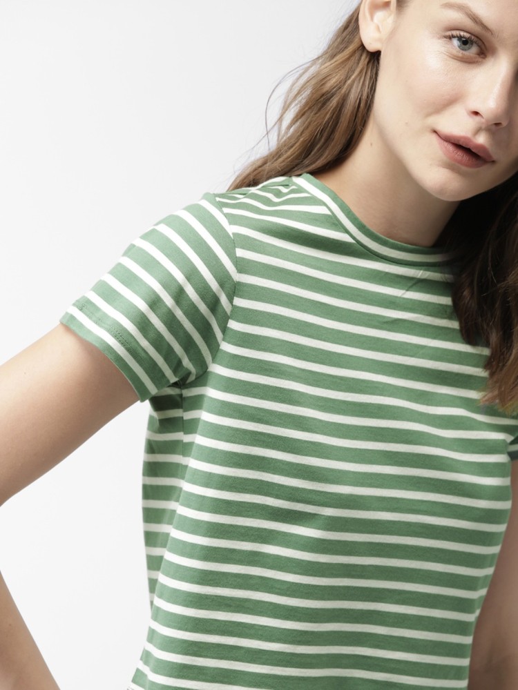 Mast & Harbour Striped Women Round Neck Green, White T-Shirt - Buy