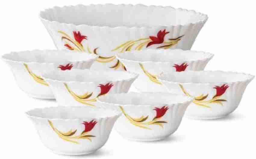 Larah by Borosil Glass Serving Bowl Red Lily Opalware Pudding Set