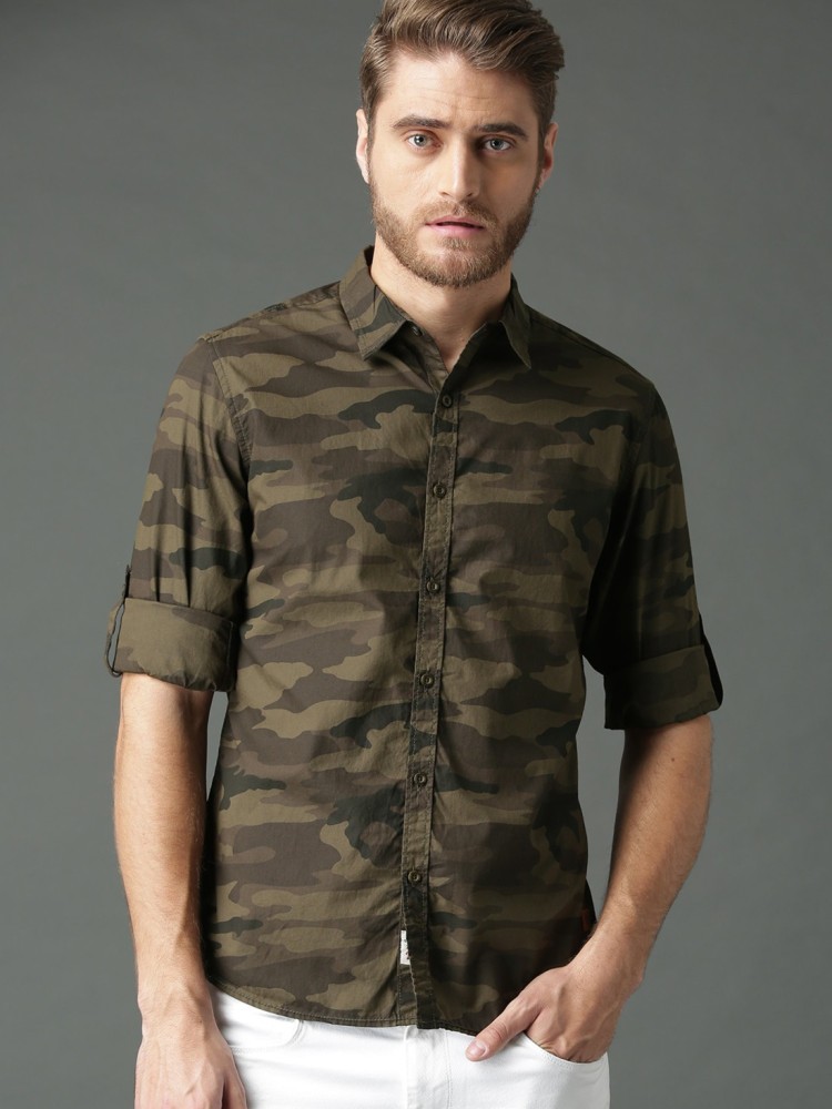 Roadster Men Grey & Olive Green Camouflage Printed Casual Sustainable Shirt