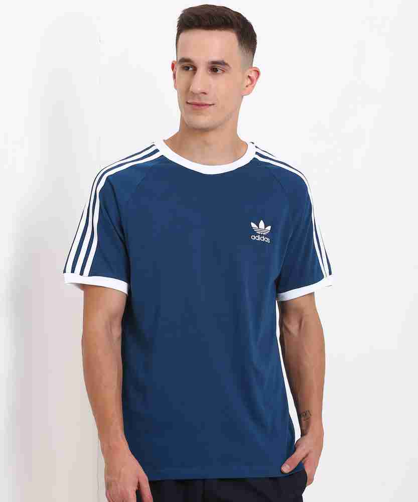 ADIDAS ORIGINALS Striped Men Round Neck White Blue T Shirt