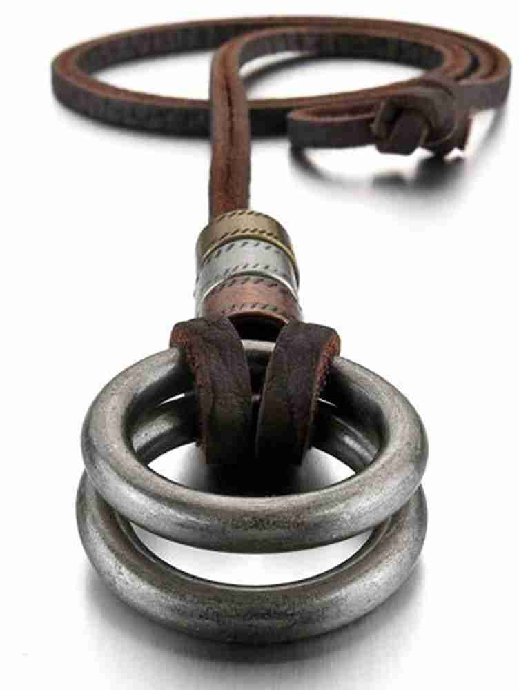 Mens Brown Leather Cord Necklace Bronze Metal Double Ring Pendant