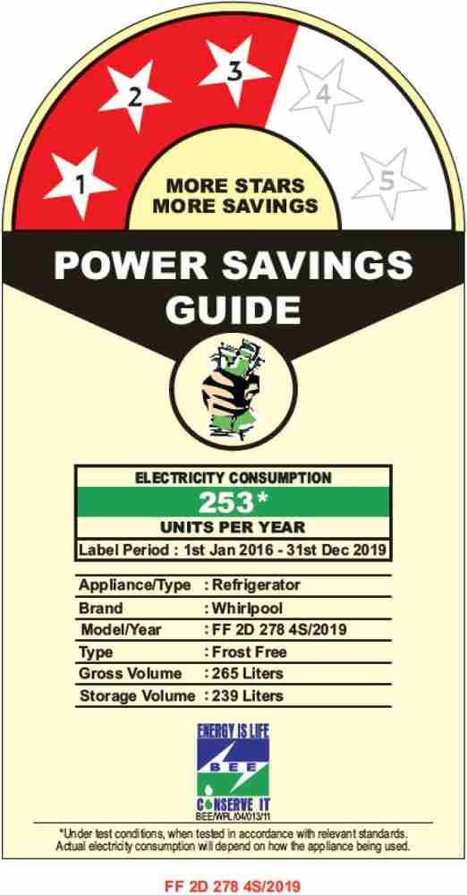 Whirlpool 3 star refrigerator power consumption on sale