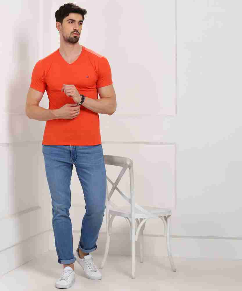 United Colors of Benetton Solid Men V Neck Orange T Shirt Buy