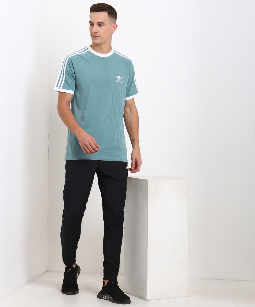 ADIDAS ORIGINALS Striped Men Round Neck White Blue T Shirt