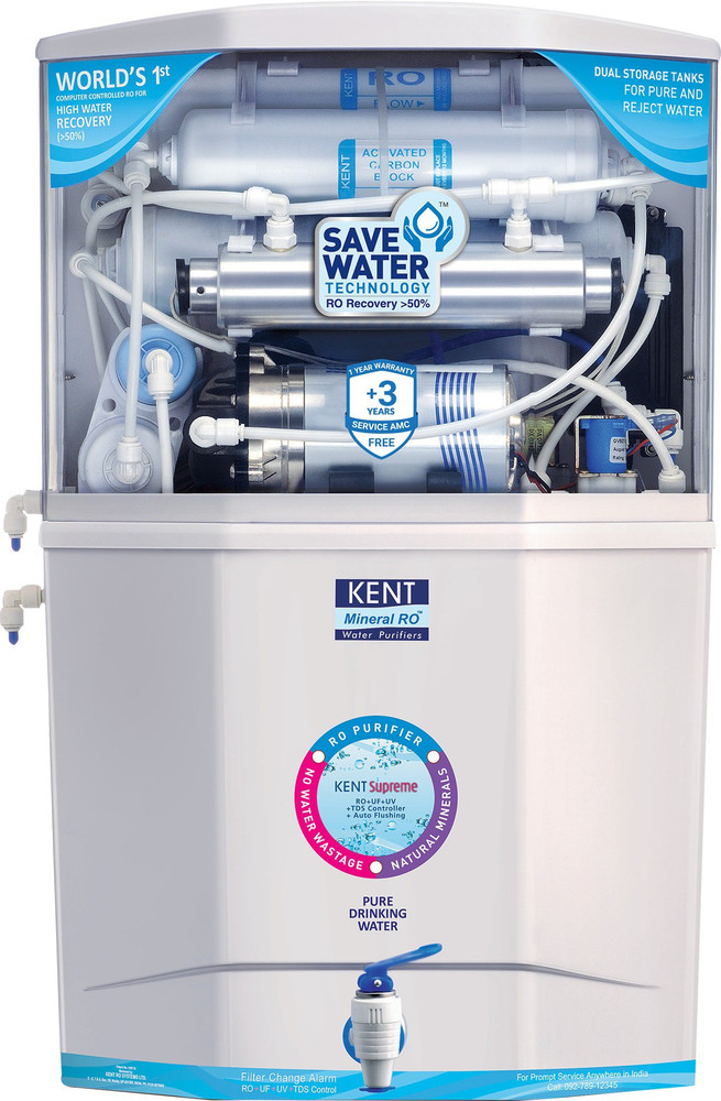 KENT Supreme RO Water Purifier | 4 Years Free Service| Multiple  Purification Process | RO + UF + TDS Control + UV LED Tank | 8L Tank | 20  LPH Flow