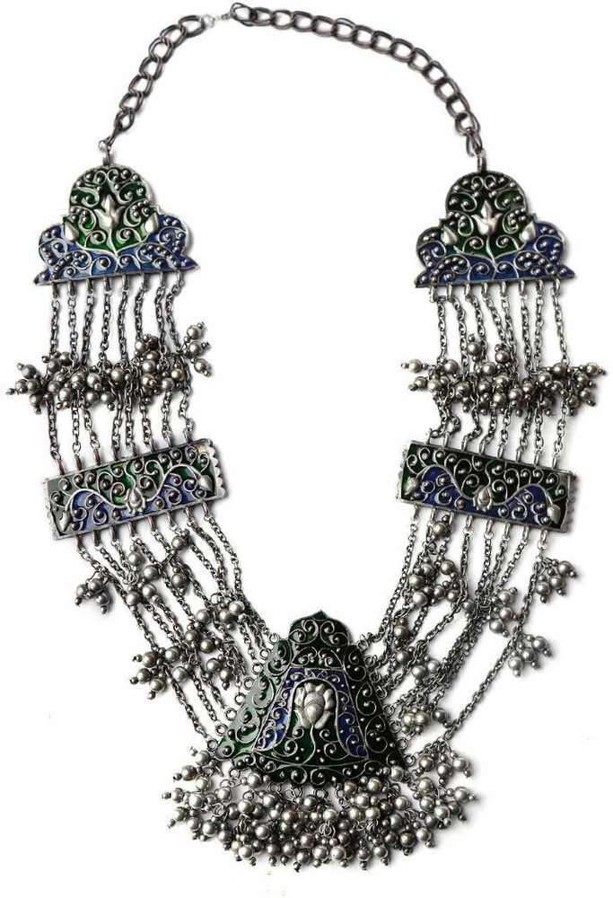 TJORI Himachali Brass And Enamel Necklace Silver Plated Brass