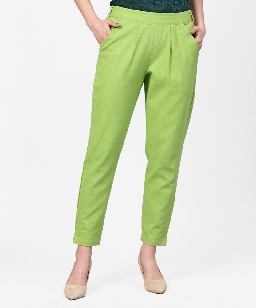 French Lime Plain Ladies Pista Green Cotton Silk Ethnic Pencil Pant