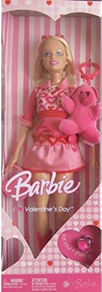 BARBIE I Love VALENTINE S DOLL w Plush BEAR on KEY CHAIN Child Size HEART Shape JEWEL RING for YOU 2007 I Love VALENTINE S DOLL w Plush BEAR on KEY CHAIN Child
