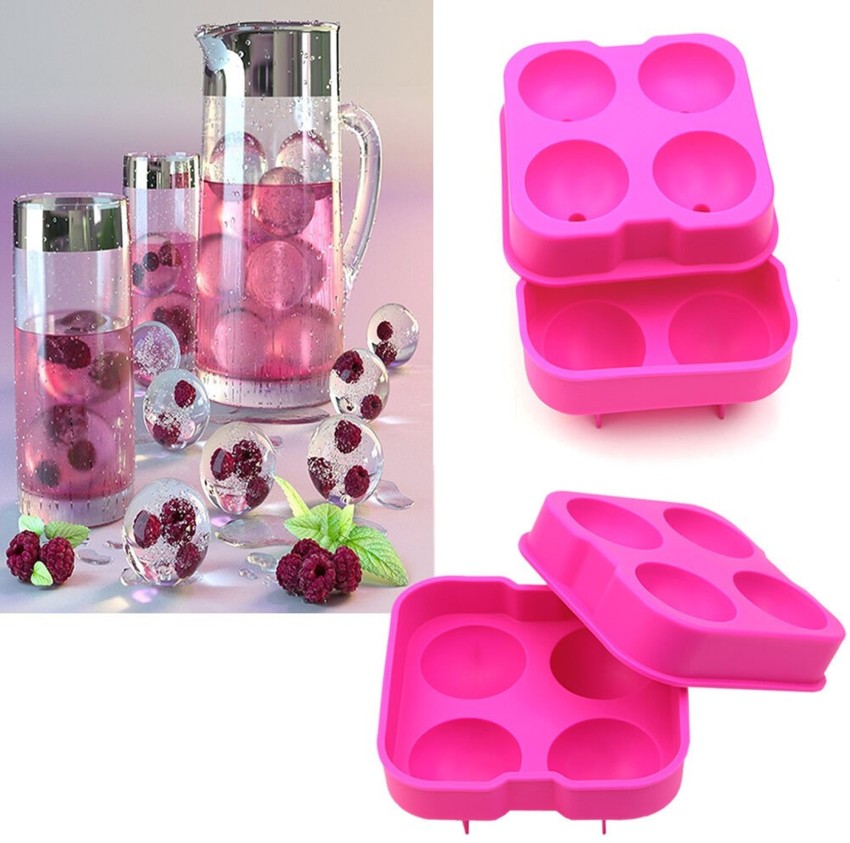 Rose Ice Ball Maker Trays Silicone Round Ice Cube Mold Ice Trays 4 Cavity in Pink