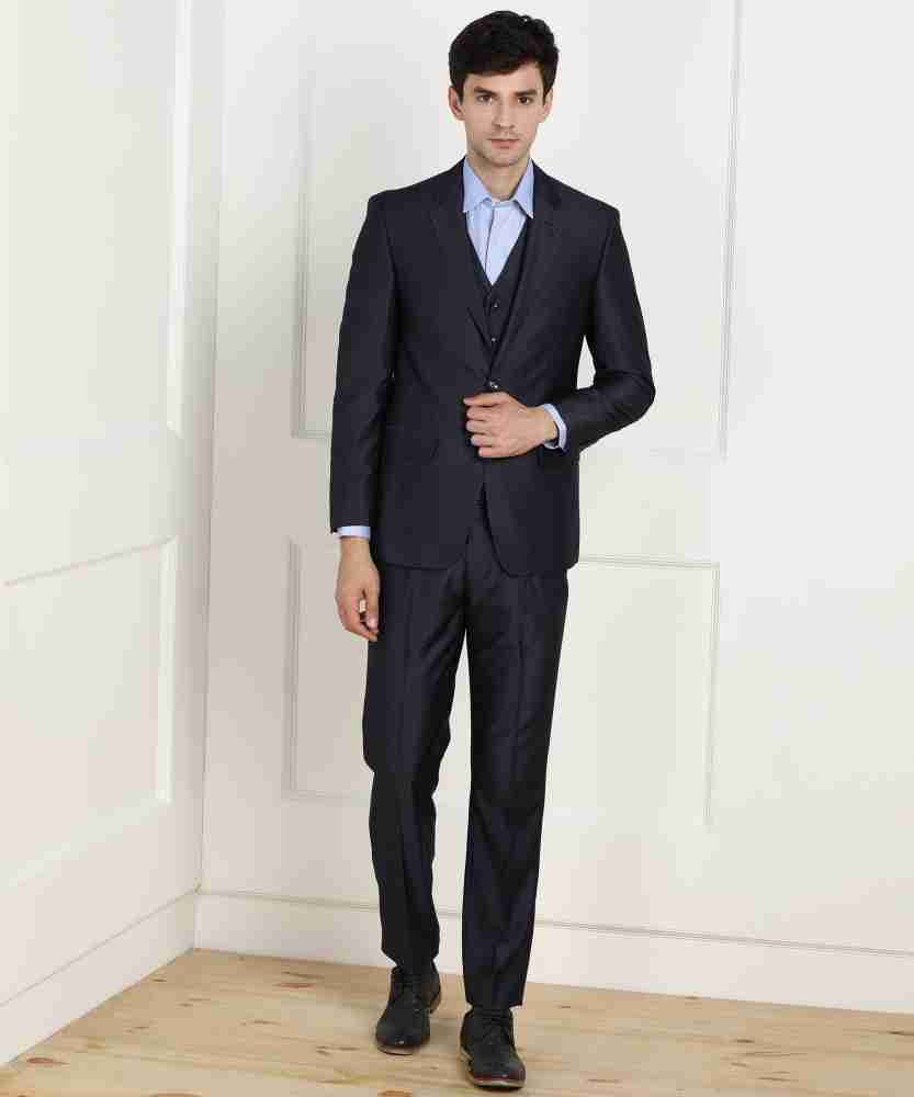 Louis Philippe Navy Slim Fit Texture Three Piece Suit