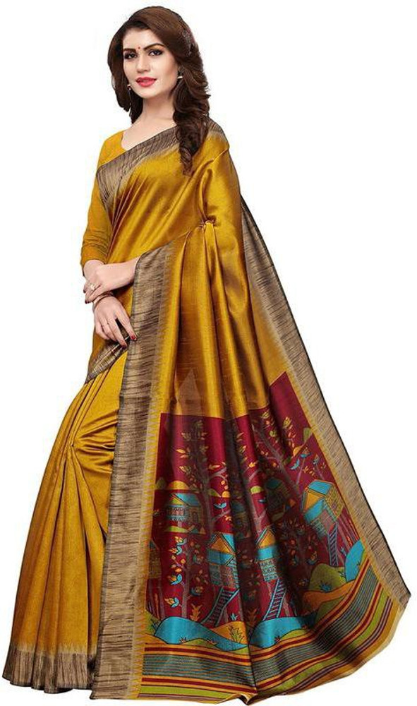 Buy Peachmode Printed Bollywood Art Silk Mustard Sarees Online