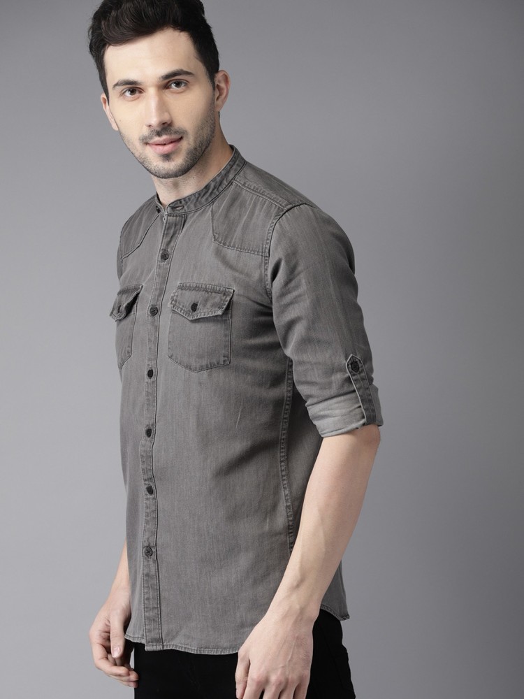 HERE&NOW Men Solid Casual Grey Shirt - Buy HERE&NOW Men Solid