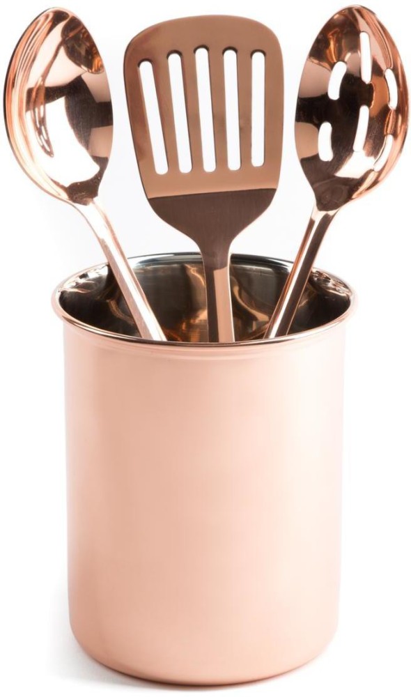 White and Copper Kitchen Utensils - 18 PC Copper Cooking Utensils Set  Includes Copper Utensil Holder, White & Copper Measuring Cups and Spoons,  Rose