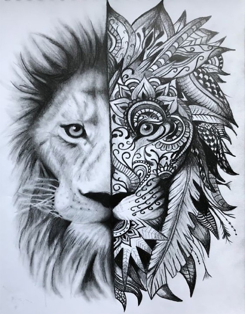 Zentangleart Drawing a Lion with zentangle doodle art  Half colour lion  face using pencil colours  YouTube