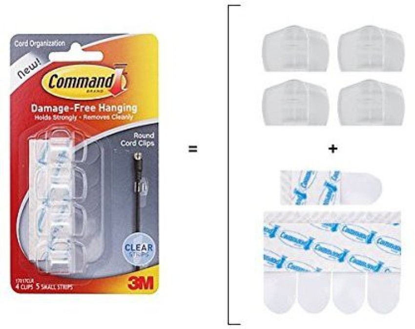 3M Command Round Cord Clips 4-Clips with Adhesive Clear Organizing Multiple  Cord