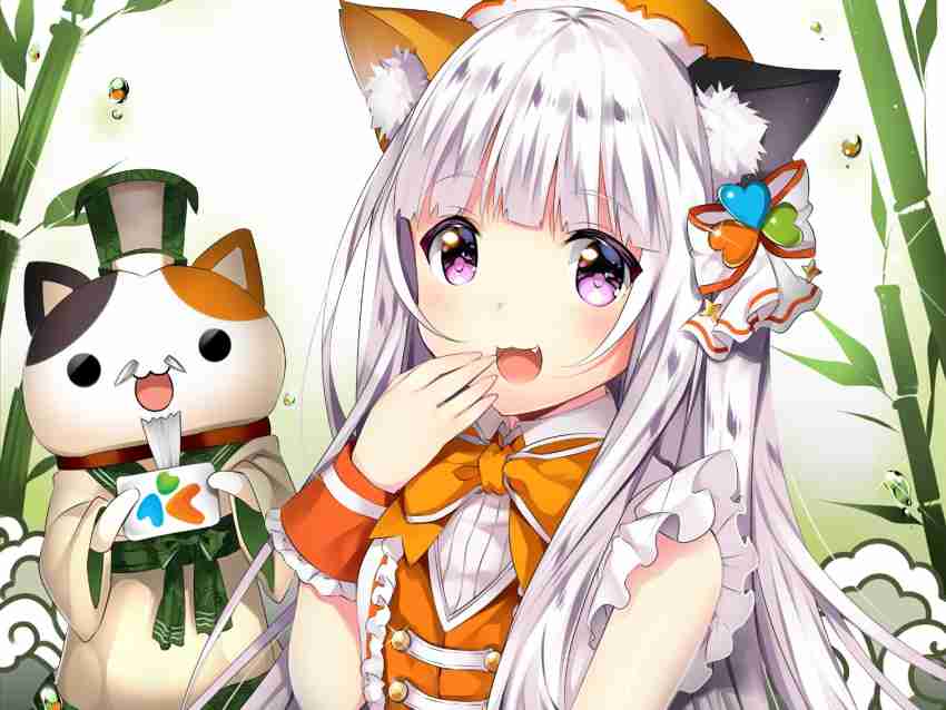 Kawaii Anime Neko Cat Girl With white hair  Art Print, foto kawaii de anime  