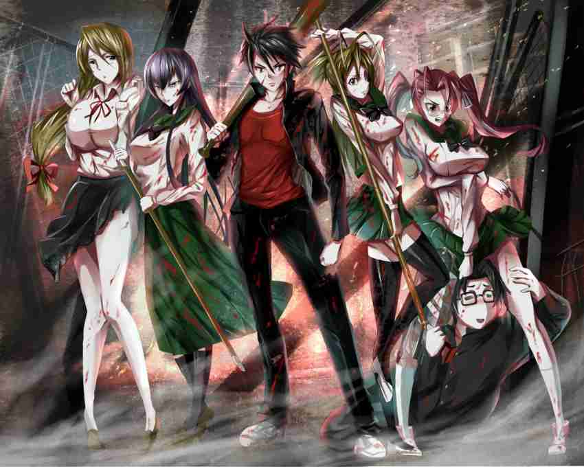 highschool of the dead busujima saeko hirano kohta komuro takashi miyamoto  rei takagi saya blood seifuku thighhighs, #181740