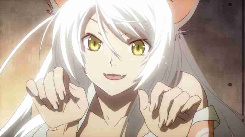 An anime cat girl who looks in her mid 20's, with long white hai