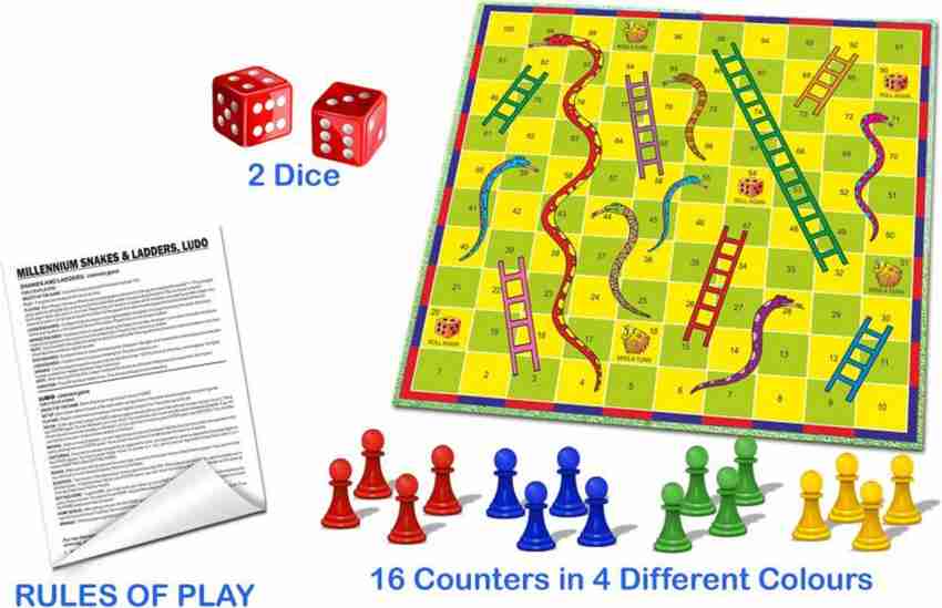 Ludo - Snakes & Ladders - Board Game - Foldable - with 4 Colours and 1 Dice