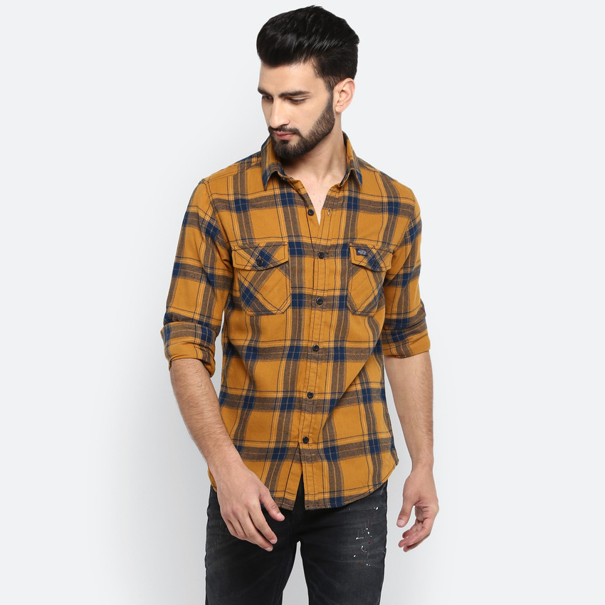 Mufti mustard yellow shop checked casual shirt