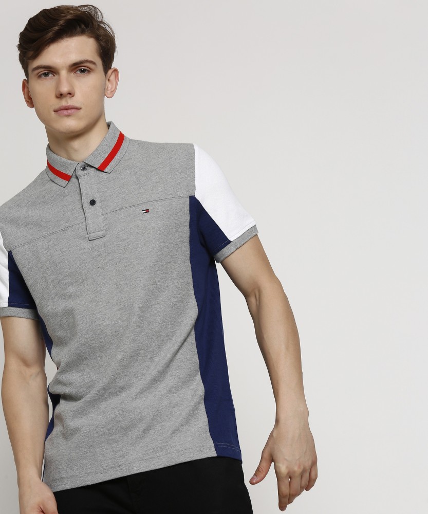 TOMMY HILFIGER Colorblock Men Polo Neck Dark Blue White Grey T