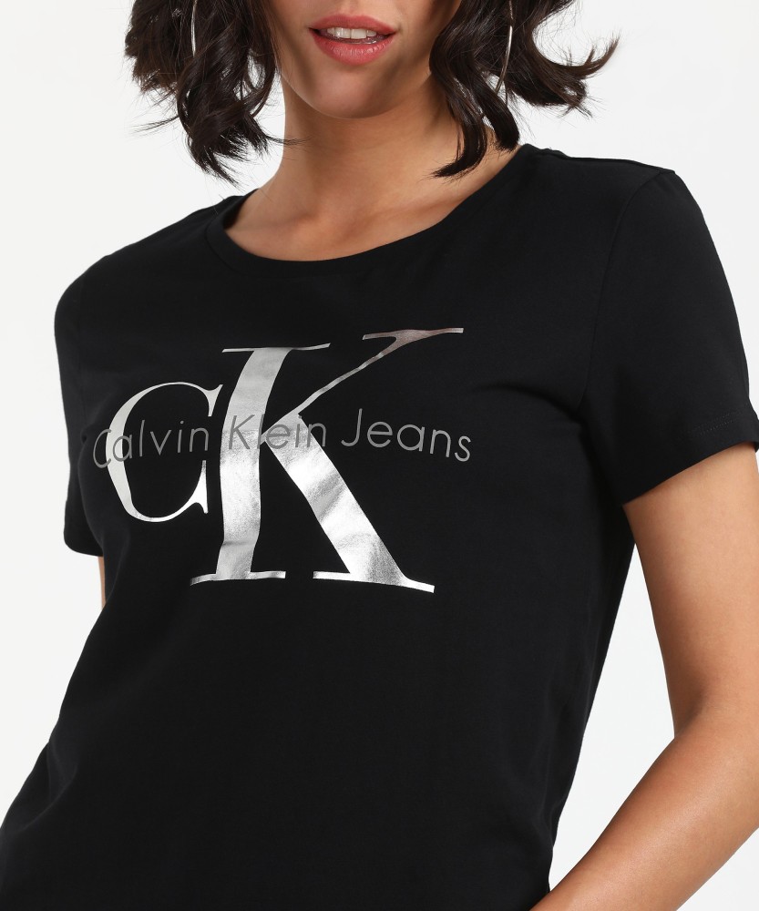 Calvin Klein Jeans Printed Women Round Neck Black T-Shirt - Buy Calvin Klein  Jeans Printed Women Round Neck Black T-Shirt Online at Best Prices in India