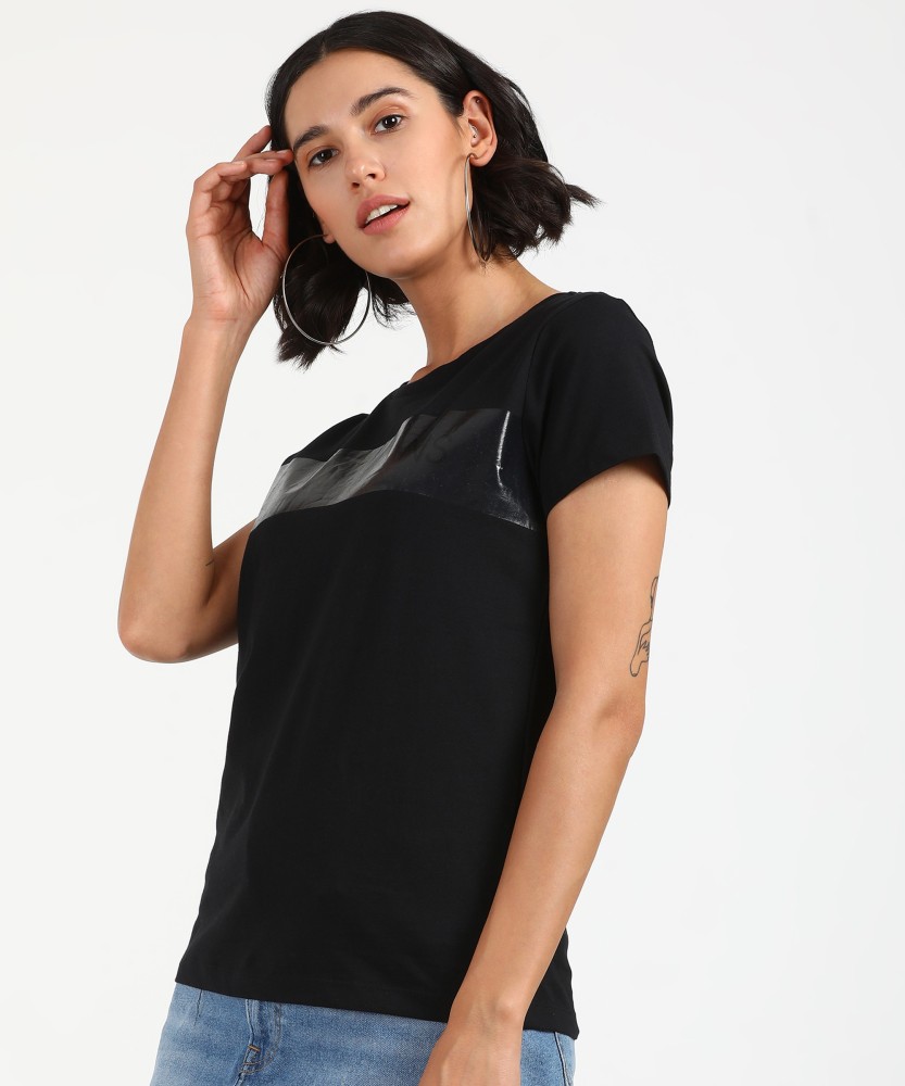 Calvin Klein Jeans Printed Women Round Neck Black T-Shirt - Buy Calvin Klein  Jeans Printed Women Round Neck Black T-Shirt Online at Best Prices in India