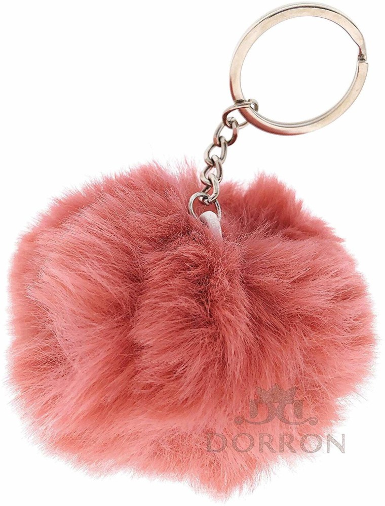 Pink Faux Fur Pom Keychain, Pink Fur Pom Handbag Charm, Gold Bow Keychain