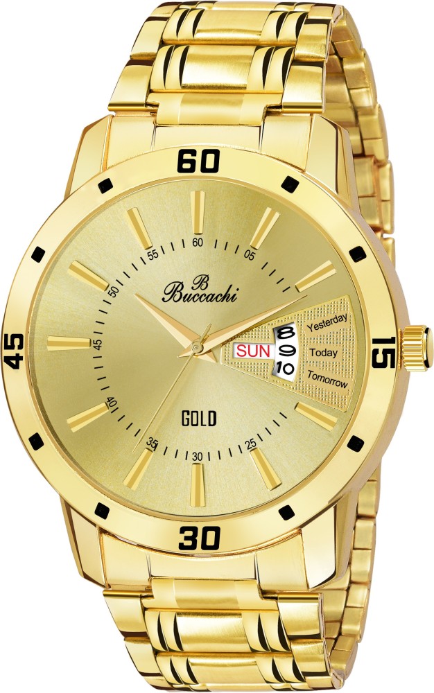 Buccachi Gold Dial Day Date Functioning Water Resistant Stainless Steel Gold Color Strap Bracelet Watch for Men Boys Analog Watch For Men Buy Buccachi Gold Dial Day Date Functioning