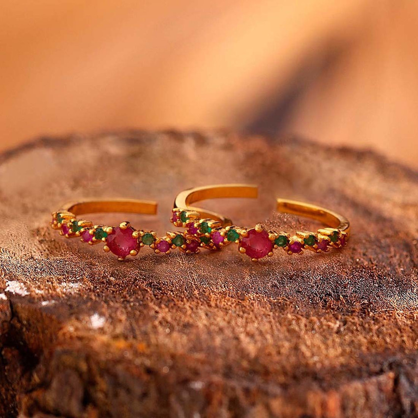 Voylla CZ Gems Embellished Adjustable Toe Rings Brass Ruby Gold