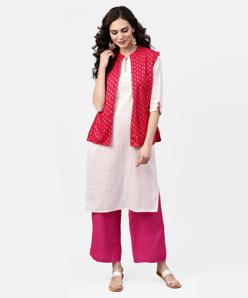 Buy Jaipur Kurti Women Pink & Off White Solid A Line Kurta With Ethnic  Jacket - Kurtas for Women 2529328 | Myntra