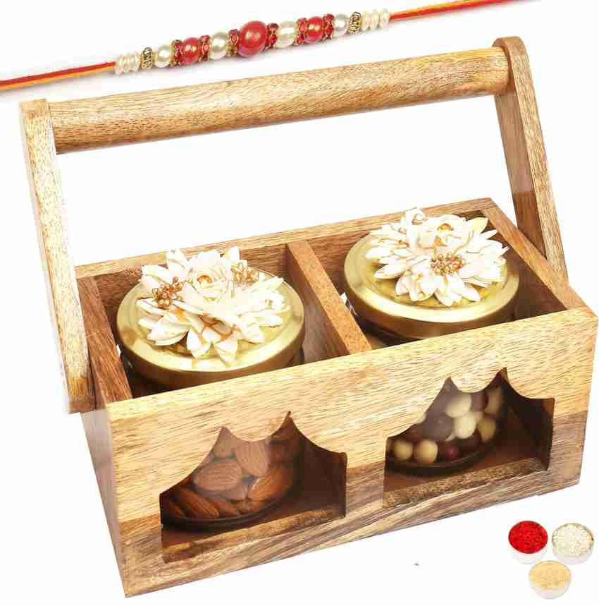 Ghasitaram Gifts Wooden Basket with Almonds and Nutties Jars with