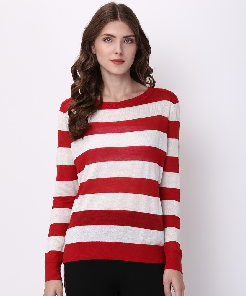 TOMMY HILFIGER Woven Round Neck Casual Women Red White Sweater