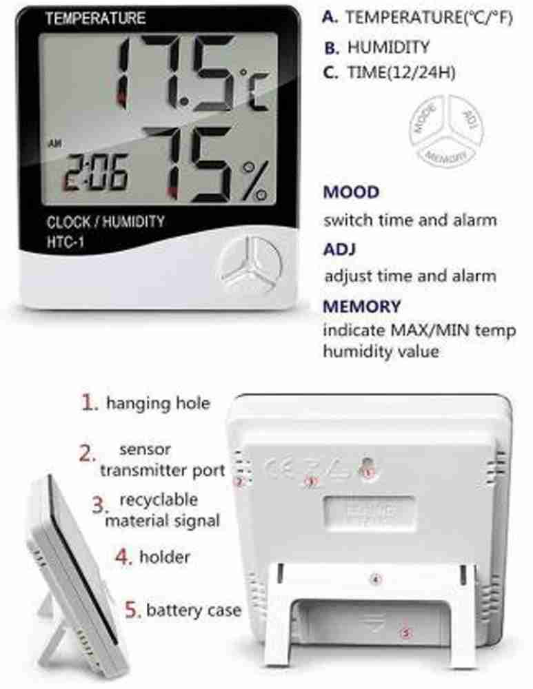 HTC-1 Digital LCD Thermometer Hygrometer Humidity Meter Room Indoor  Temperature Clock