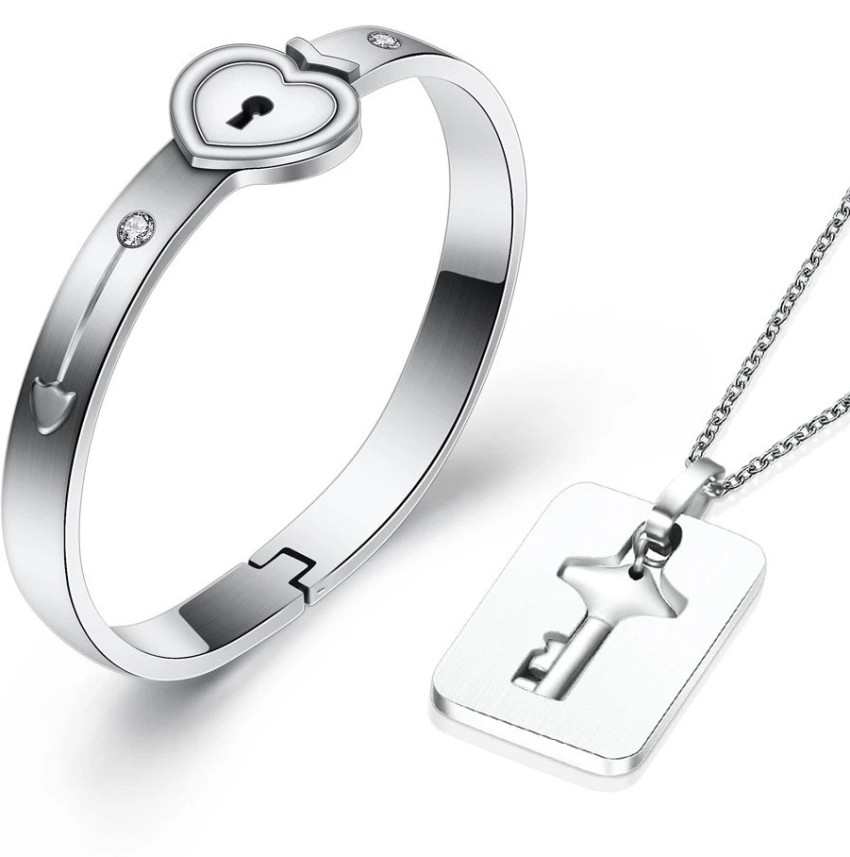 SILVOSWAN Platinum Plated Heart Love Lock Bracelet with Lock Key