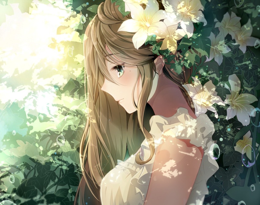 brunette green eyes anime anime girls flowers butterfly flower in  hair  1200x1671 Wallpaper  wallhavencc