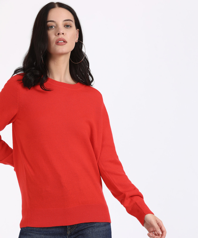 Calvin Klein Jeans Self Design Crew Neck Casual Women Red Sweater