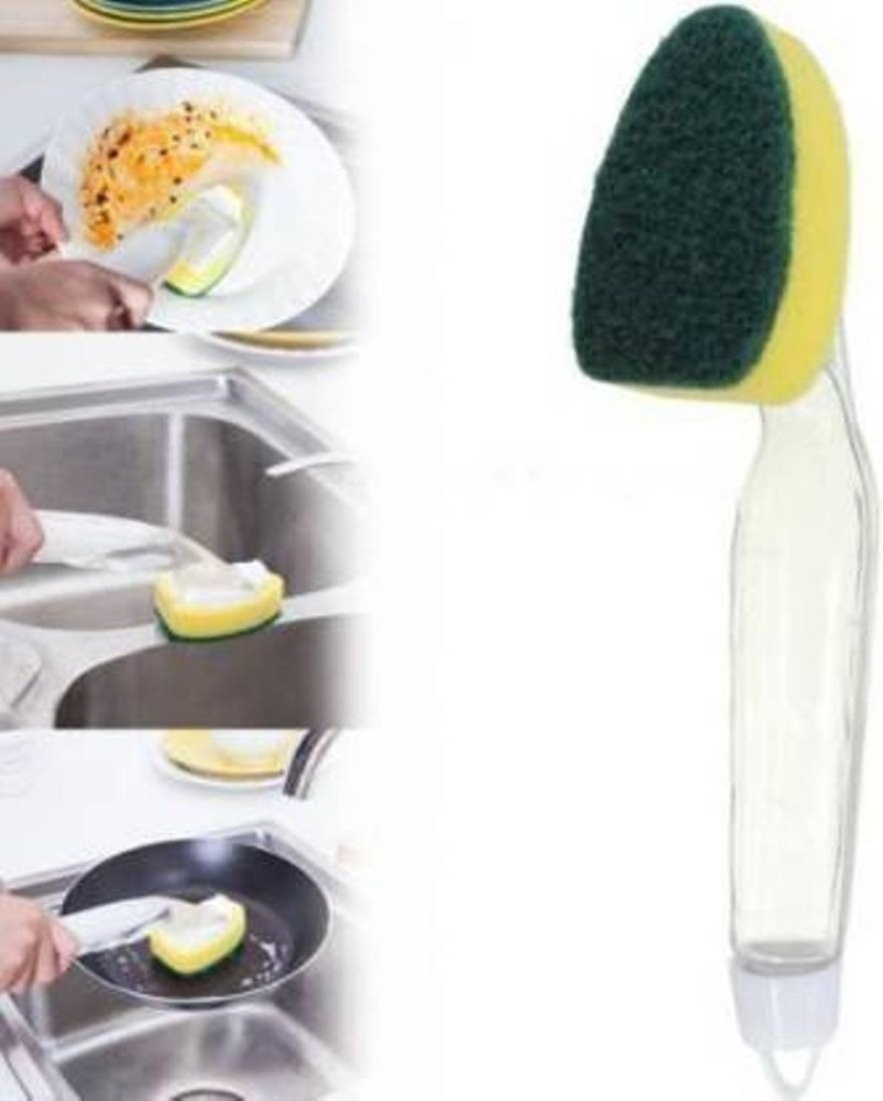 Soap Dispensing Dish Brush with Handle, Scrub Brush with 4 Sponge