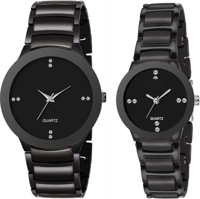 NESROR IIK BIG SMALL COMBO Black Chain Belt Analog Watch For Couple