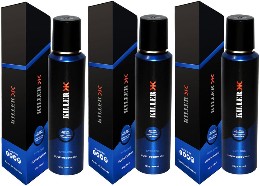 KILLER Cyclone Liquid Deodorant 150ML Each Pack of 3 Perfume Body Spray For Men Women 450 ml Pack of 3 Deodorant Spray For Men Women