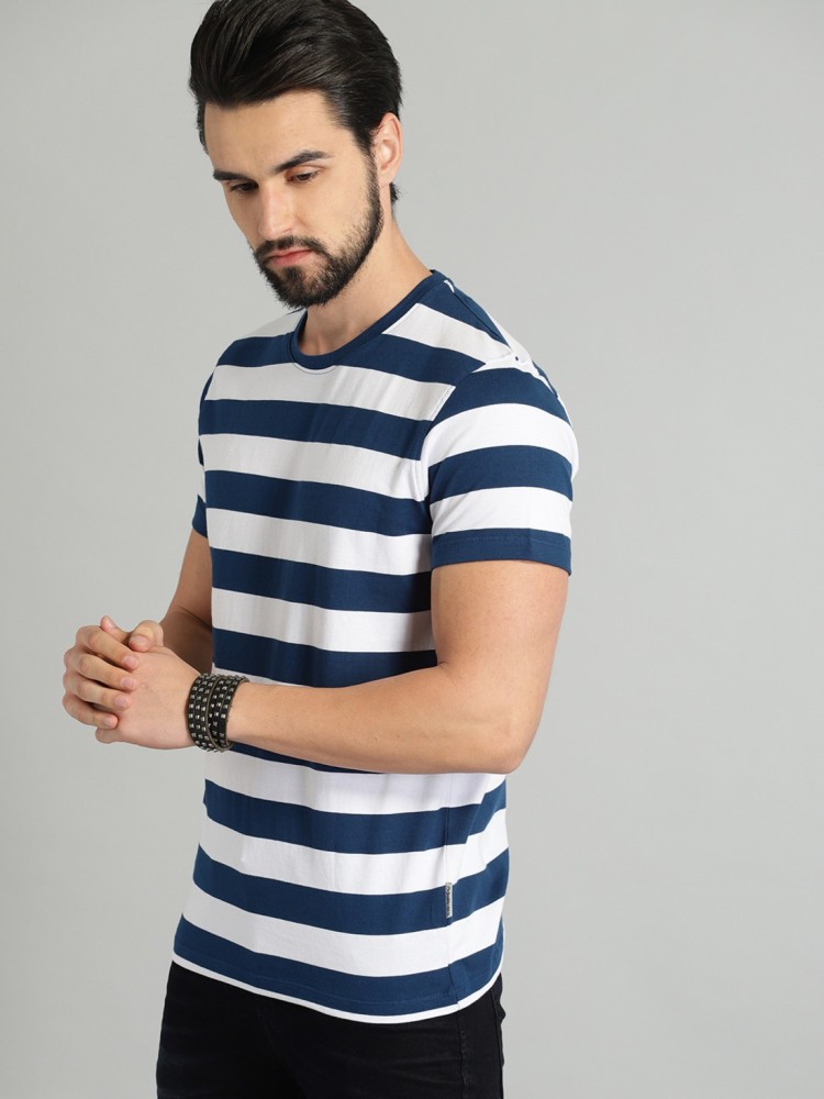 Buy Roadster Men Blue & White Striped Round Neck T Shirt - Tshirts for Men  9586559