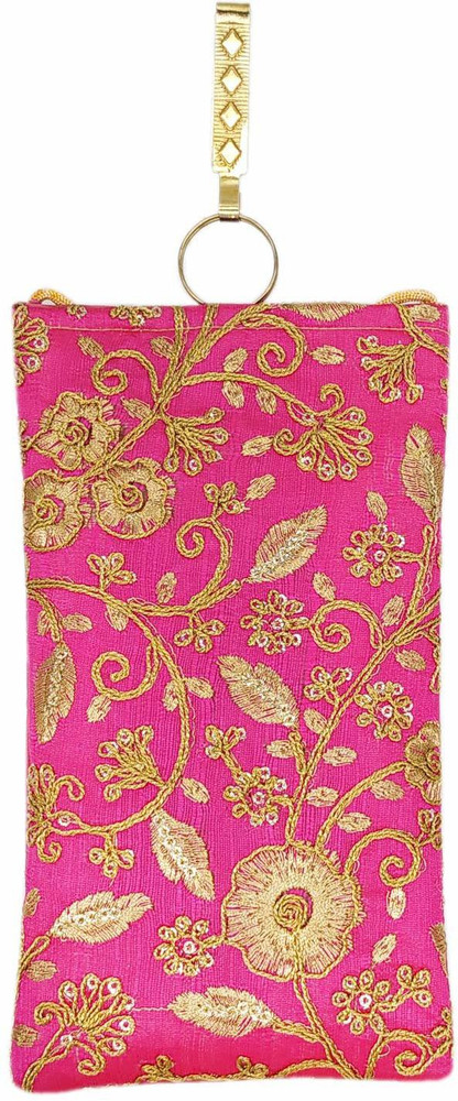 Bagaholics Raw Silk Embroidery Work Saree Clutch Mobile Cover Mobile Pouch Waist Clip Saree Hook Ladies Purse Mobile Pouch Pink Price in India Flipkart