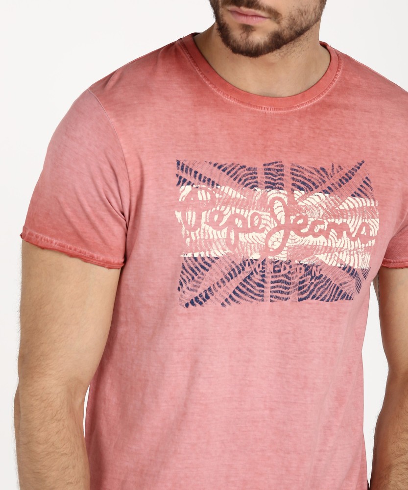 Printed Pink Pepe Printed Prices at Buy Men Round Online Pepe - Neck Jeans India Round T-Shirt Pink Best T-Shirt Neck Men in Jeans