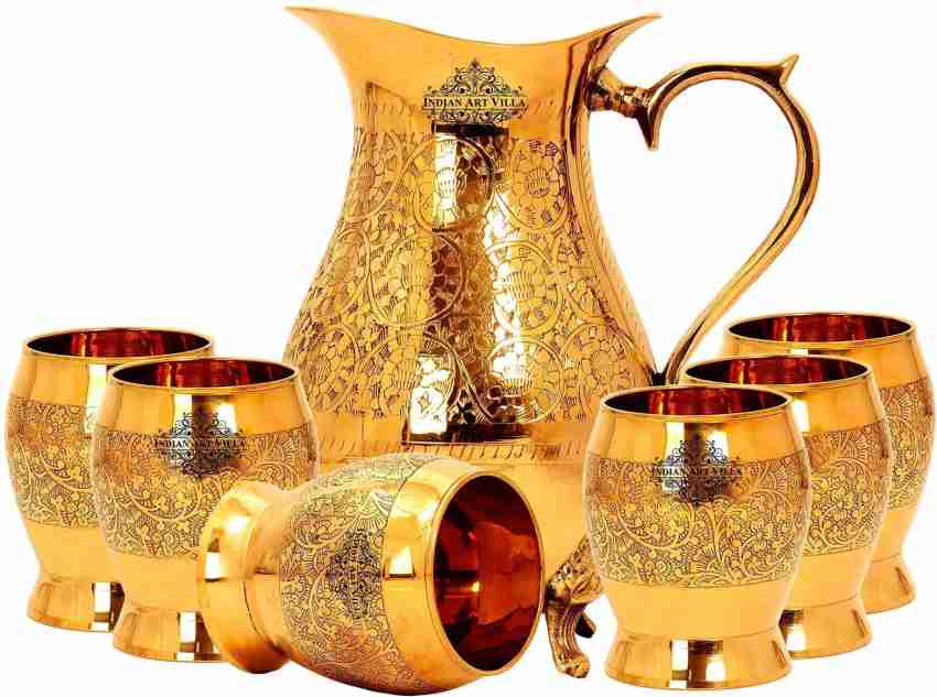 IndianArtVilla Gift Set of Handmade Design Brass Jug & 6 Glass