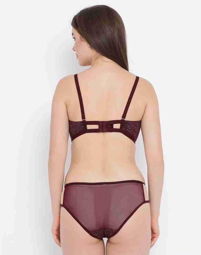 Buy Clovia Lace Bra Panty Set With Babydoll & Thong - Maroon Online
